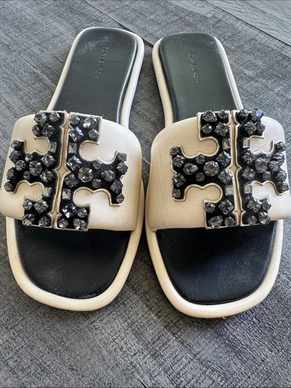 Tory Burch ivory Rhinestone embellished large crystals  Slide Sandals 8